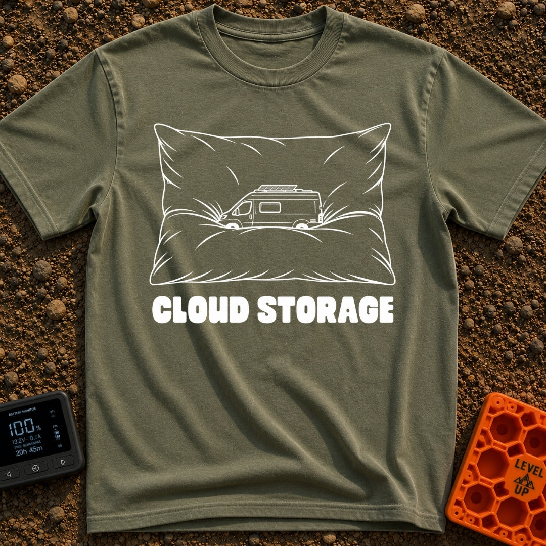Offline Cloud Storage - T-Shirt in Moss - A black and white line drawing of a camper van with a solar panel on its roof...