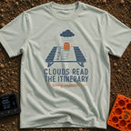 Clouds Read My Plans - T-Shirt in Bay - An illustration of a rain cloud raining onto a brown coffee mug sitting on top of...