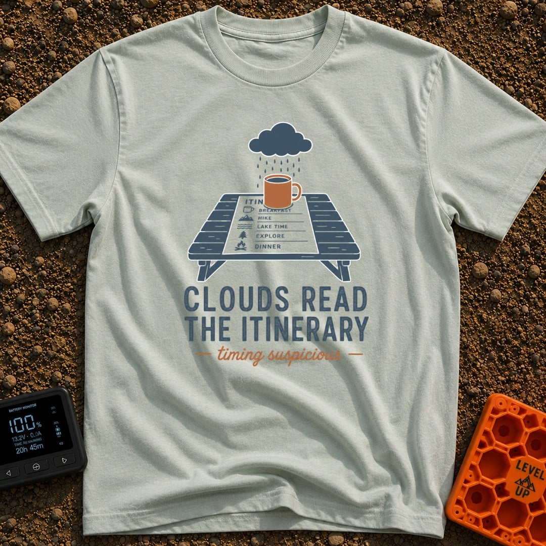Clouds Read My Plans - T-Shirt in Bay - An illustration of a rain cloud raining onto a brown coffee mug sitting on top of...