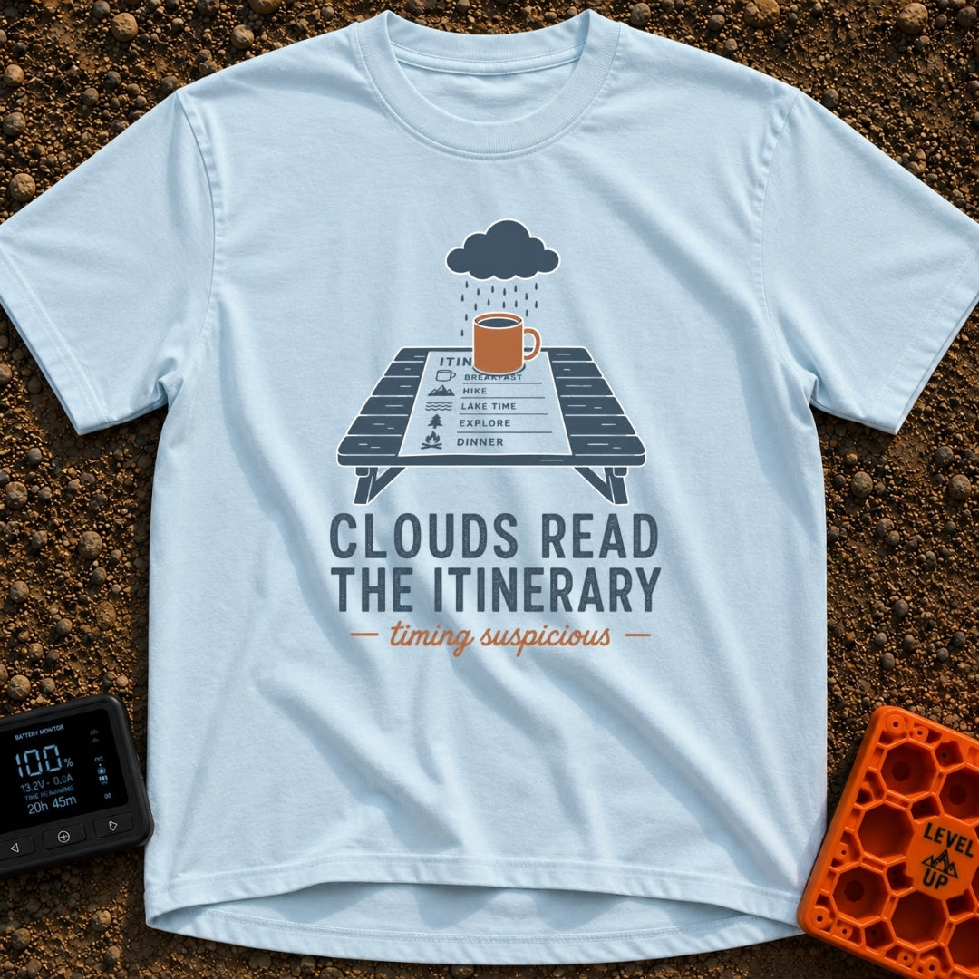 Clouds Read My Plans - T-Shirt in Chambray - An illustration of a rain cloud raining onto a brown coffee mug sitting on...
