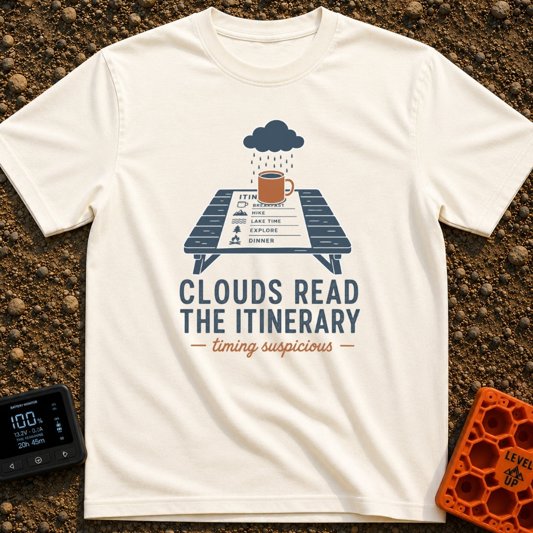 Clouds Read My Plans - T-Shirt in Ivory - An illustration of a rain cloud raining onto a brown coffee mug sitting on top...