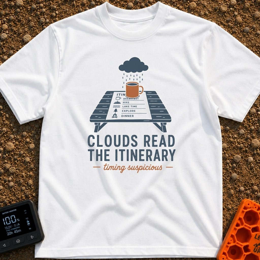 Clouds Read My Plans - T-Shirt in White - An illustration of a rain cloud raining onto a brown coffee mug sitting on top...