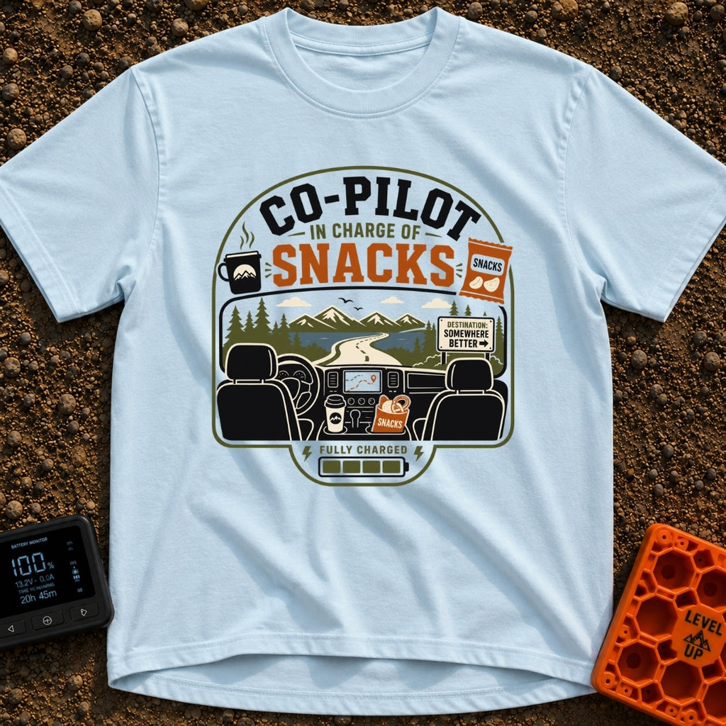 In Charge Of Snacks - T-Shirt in Chambray - An illustration showing the view from inside a vehicle looking through the...