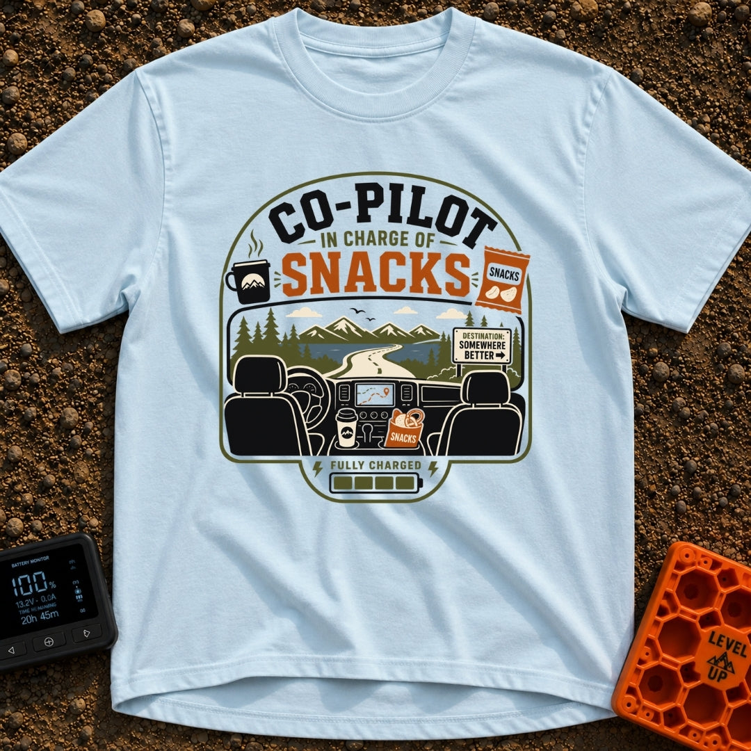In Charge Of Snacks - T-Shirt in Chambray - An illustration showing the view from inside a vehicle looking through the...