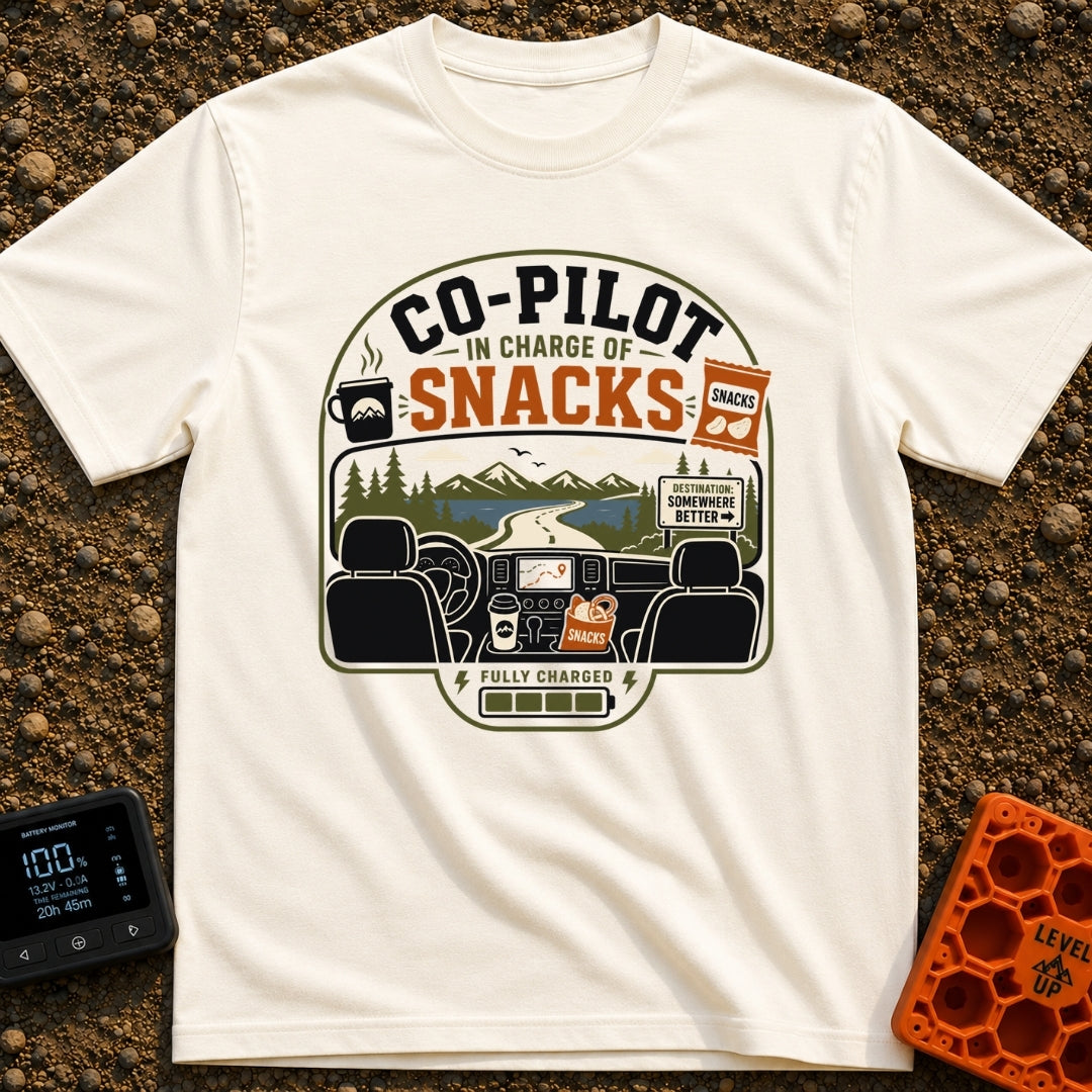 In Charge Of Snacks - T-Shirt in Ivory - An illustration showing the view from inside a vehicle looking through the...