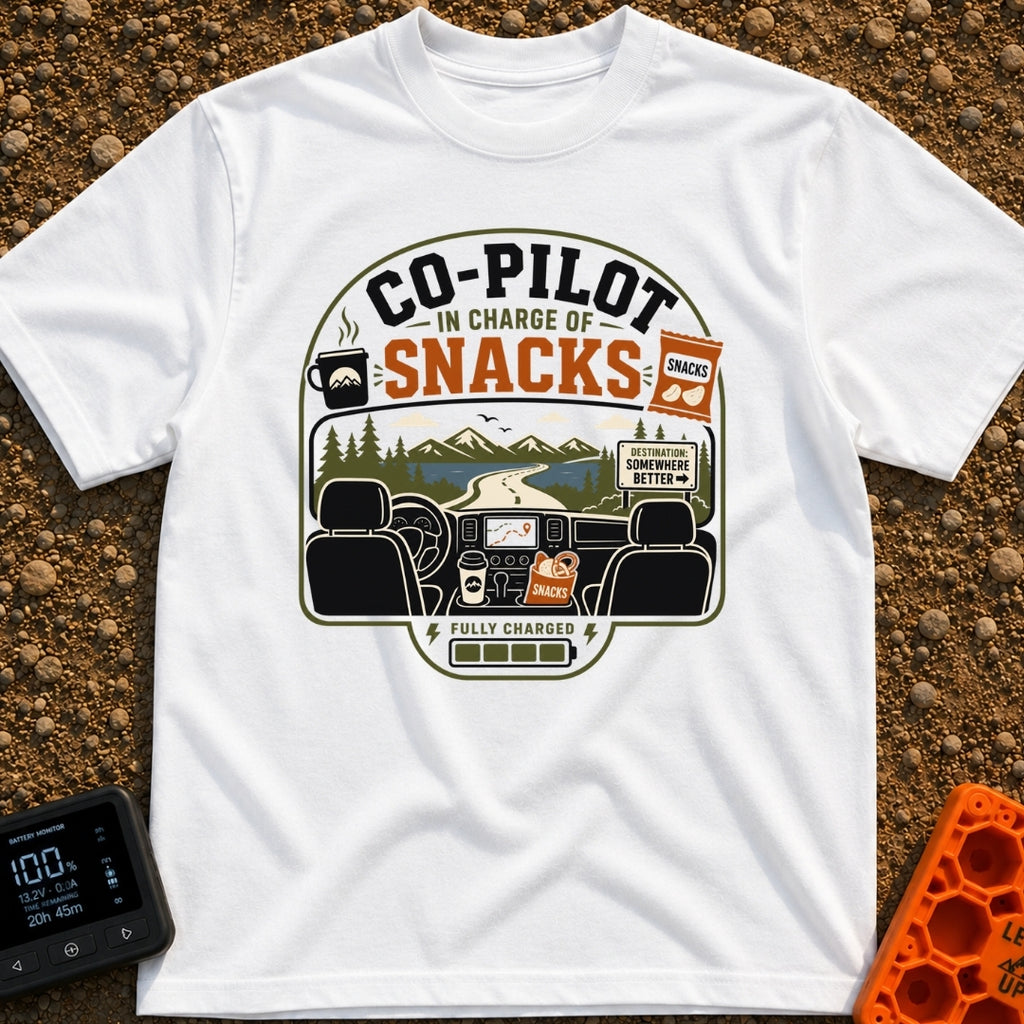 In Charge Of Snacks - T-Shirt in White - An illustration showing the view from inside a vehicle looking through the...