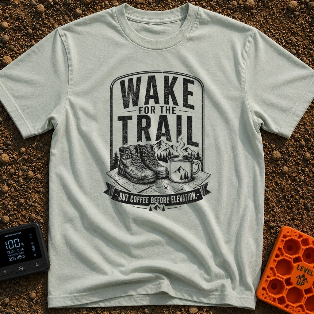 Coffee Before Climb - T-Shirt in Bay - A black-and-white illustration of a pair of hiking boots and a steaming enamel...