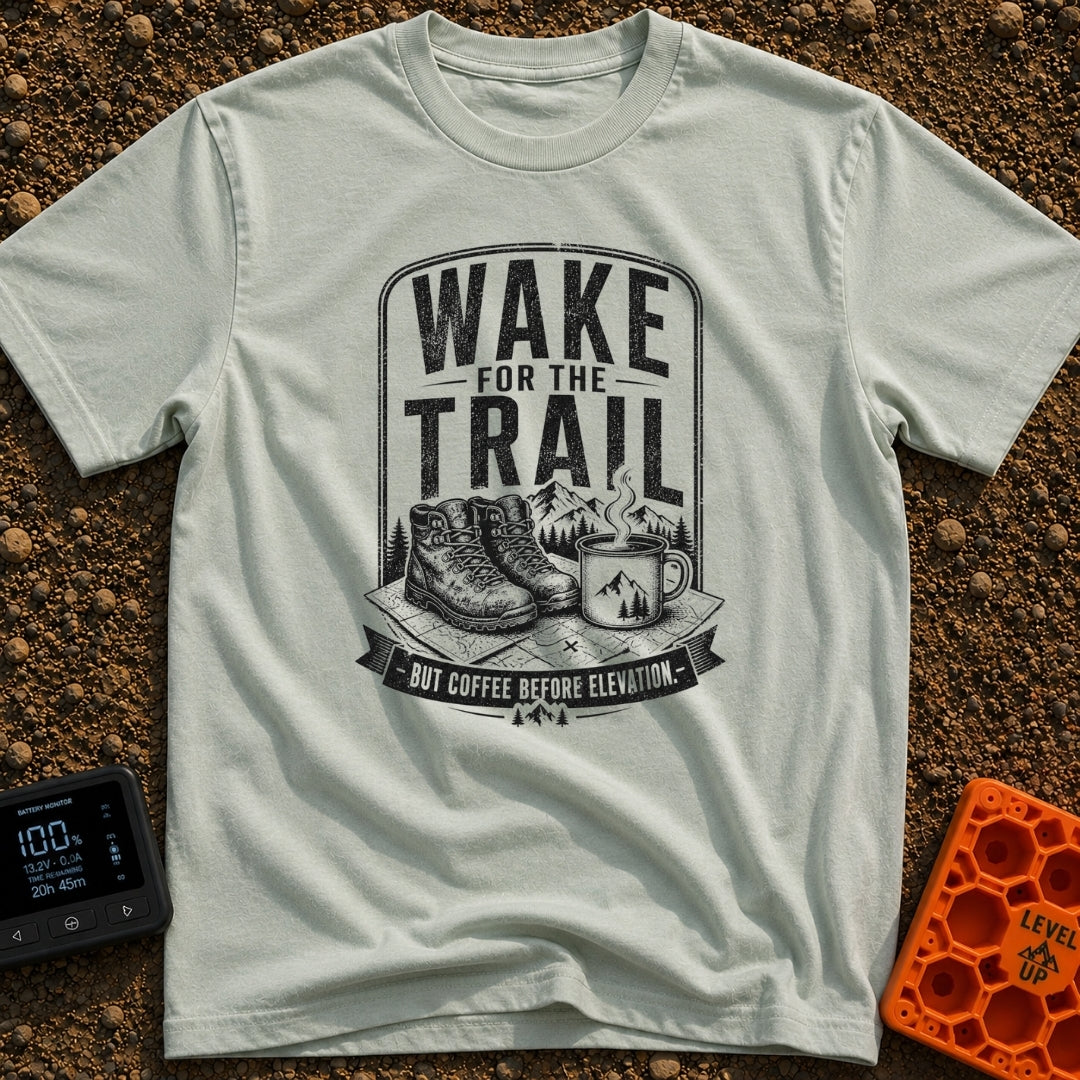 Coffee Before Climb - T-Shirt in Bay - A black-and-white illustration of a pair of hiking boots and a steaming enamel...