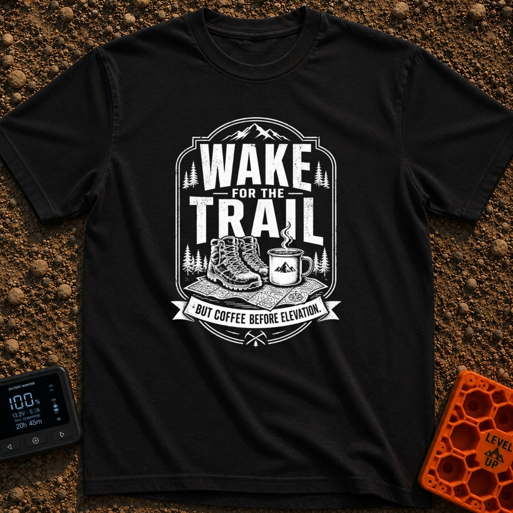 Coffee Before Climb - T-Shirt in Black - A black-and-white illustration of a pair of hiking boots and a steaming enamel...