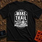 Coffee Before Climb - T-Shirt in Black - A black-and-white illustration of a pair of hiking boots and a steaming enamel...