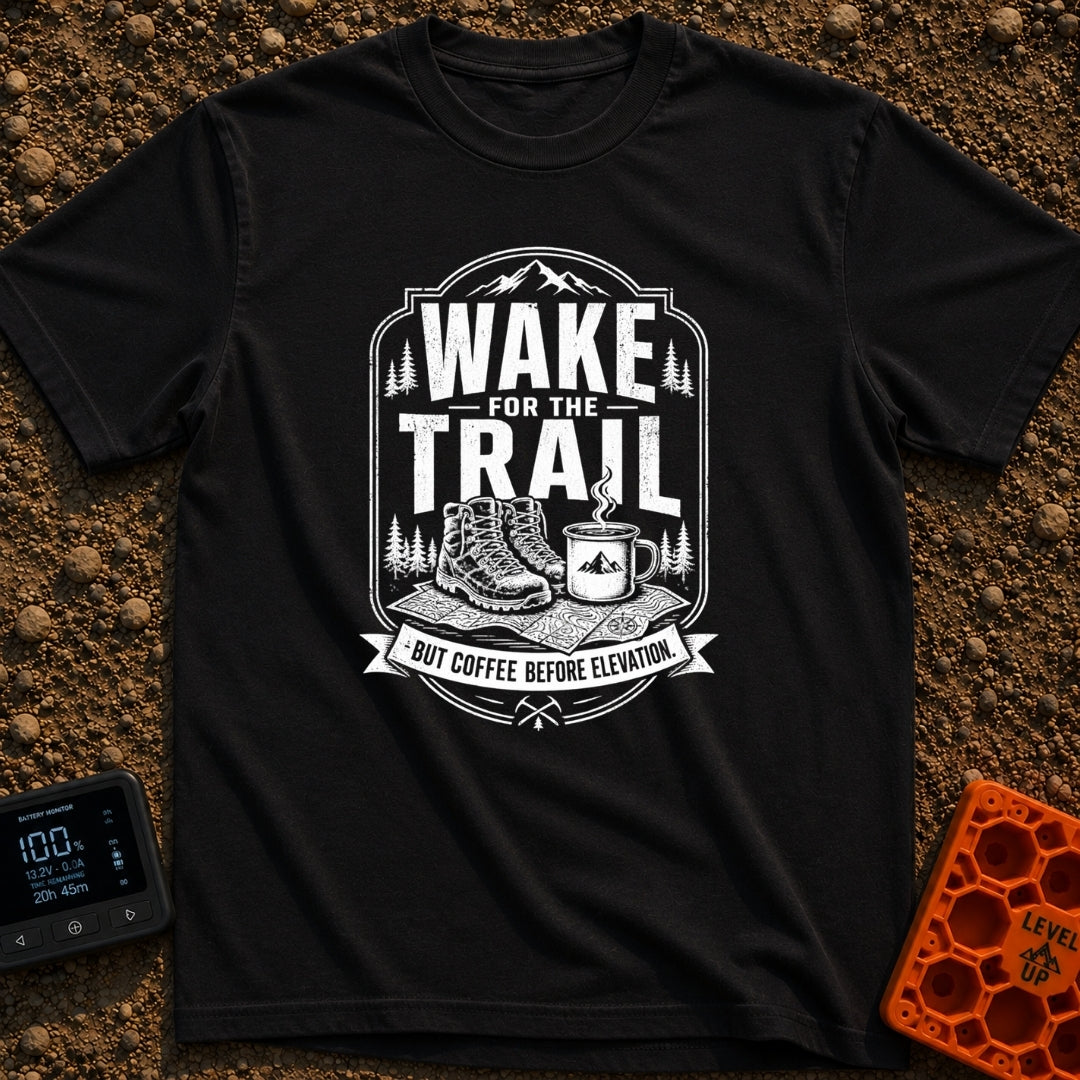 Coffee Before Climb - T-Shirt in Black - A black-and-white illustration of a pair of hiking boots and a steaming enamel...