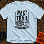 Coffee Before Climb - T-Shirt in Chambray - A black-and-white illustration of a pair of hiking boots and a steaming...