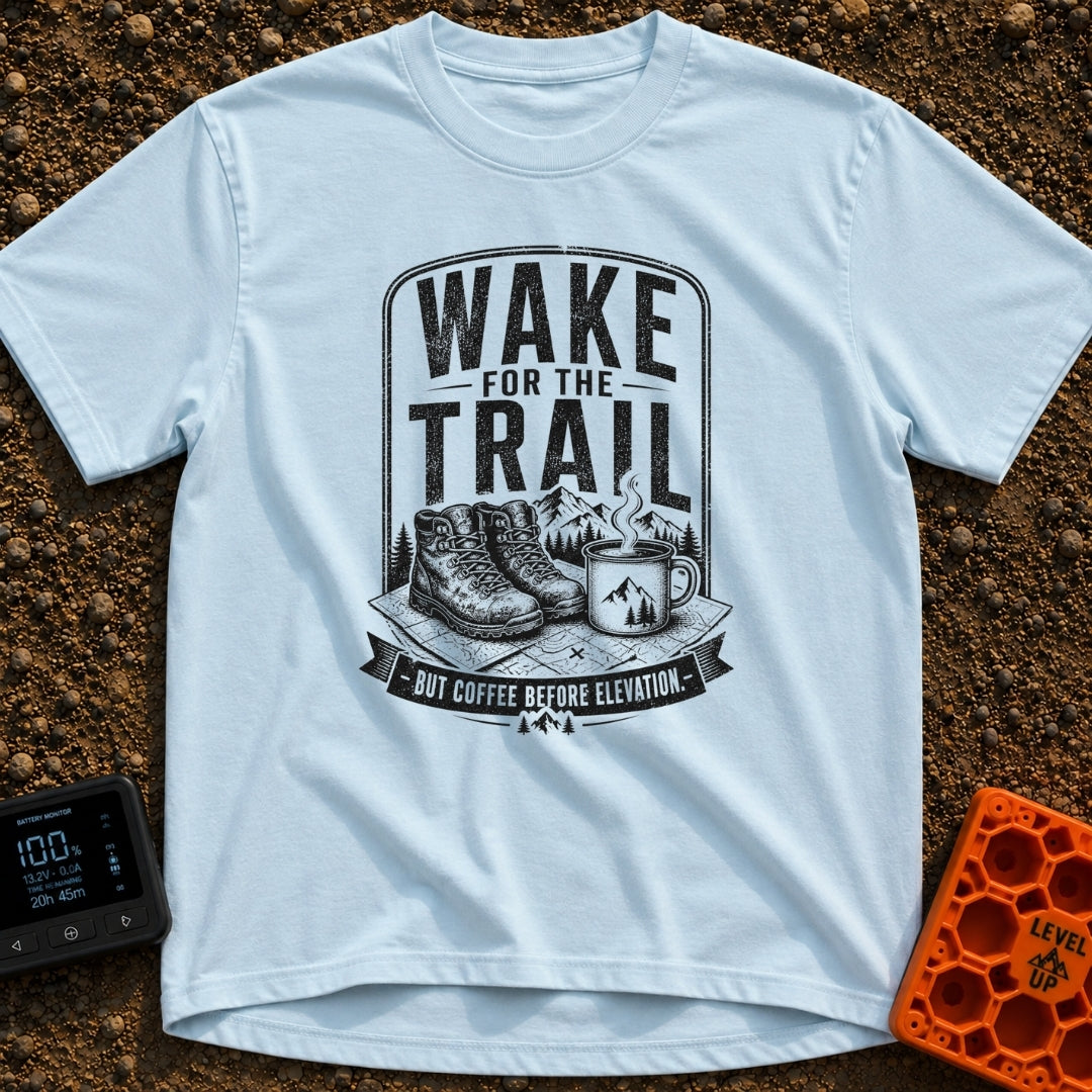 Coffee Before Climb - T-Shirt in Chambray - A black-and-white illustration of a pair of hiking boots and a steaming...