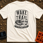 Coffee Before Climb - T-Shirt in Ivory - A black-and-white illustration of a pair of hiking boots and a steaming enamel...