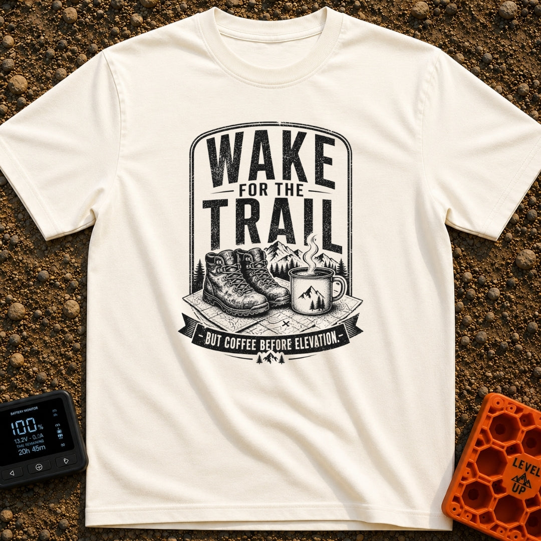Coffee Before Climb - T-Shirt in Ivory - A black-and-white illustration of a pair of hiking boots and a steaming enamel...
