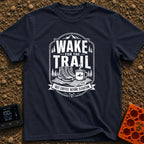 Coffee Before Climb - T-Shirt in Navy - A black-and-white illustration of a pair of hiking boots and a steaming enamel...