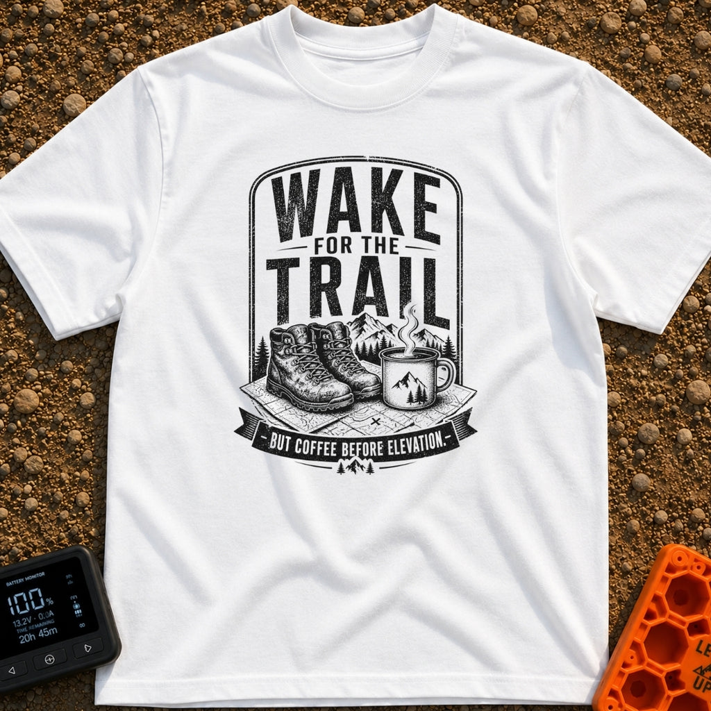 Coffee Before Climb - T-Shirt in White - A black-and-white illustration of a pair of hiking boots and a steaming enamel...
