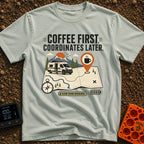 Coffee Then Coordinates - T-Shirt in Bay - An illustration of a white camper van situated on a large topographical map...