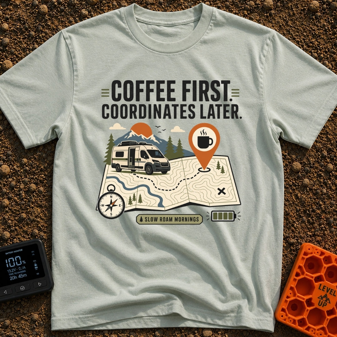 Coffee Then Coordinates - T-Shirt in Bay - An illustration of a white camper van situated on a large topographical map...