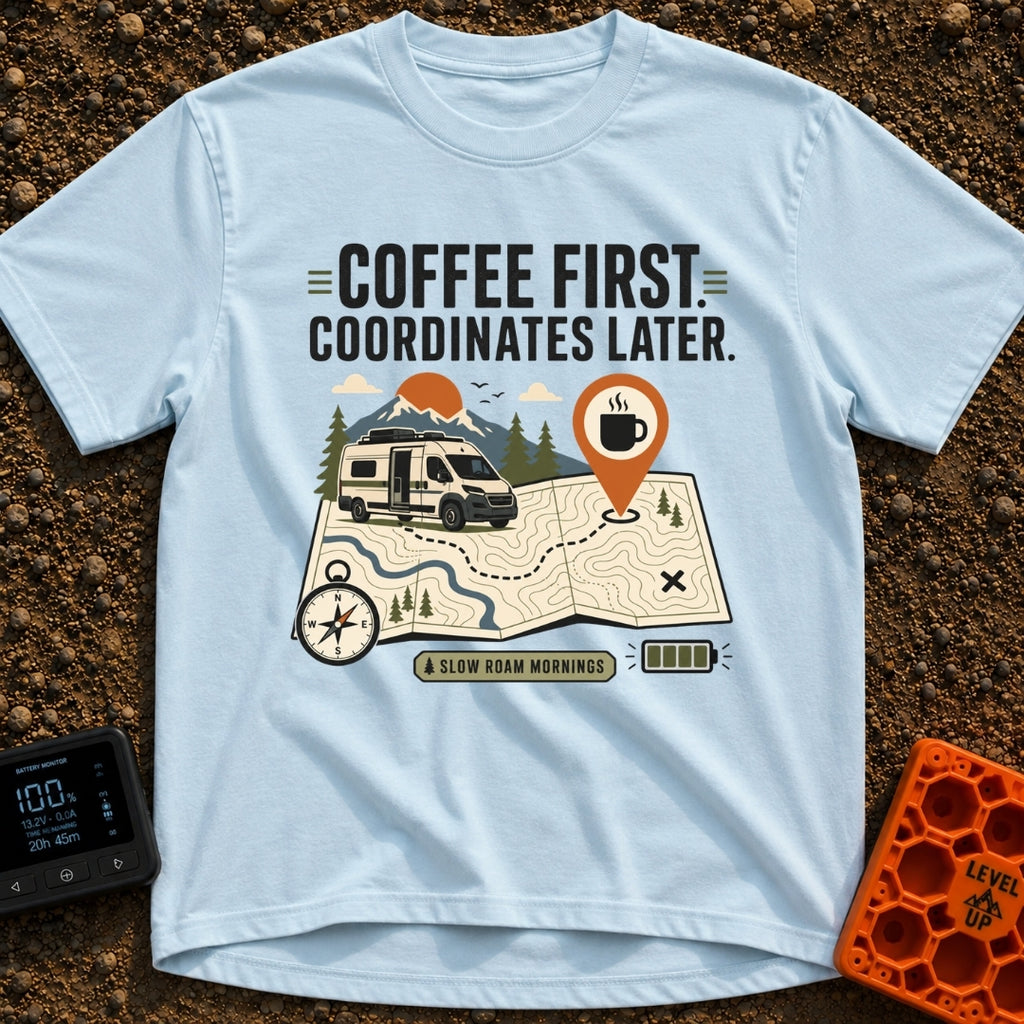 Coffee Then Coordinates - T-Shirt in Chambray - An illustration of a white camper van situated on a large topographical...