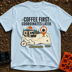 Coffee Then Coordinates - T-Shirt in Chambray - An illustration of a white camper van situated on a large topographical...
