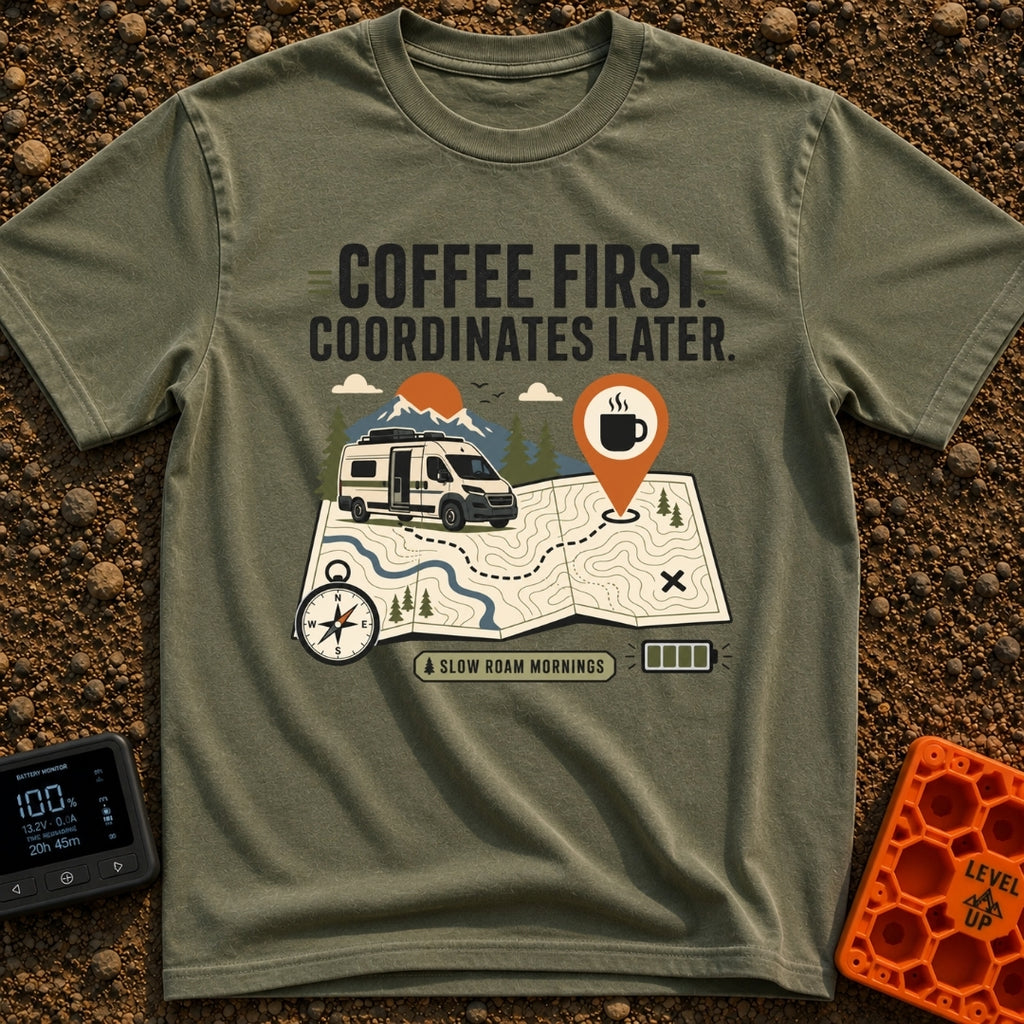 Coffee Then Coordinates - T-Shirt in Moss - An illustration of a white camper van situated on a large topographical map...