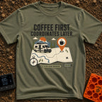 Coffee Then Coordinates - T-Shirt in Moss - An illustration of a white camper van situated on a large topographical map...