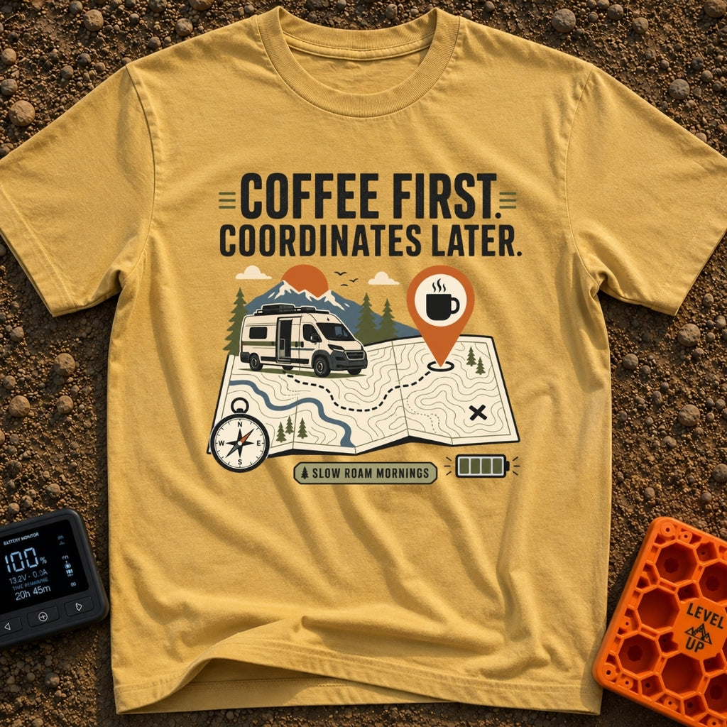 Coffee Then Coordinates - T-Shirt in Mustard - An illustration of a white camper van situated on a large topographical...