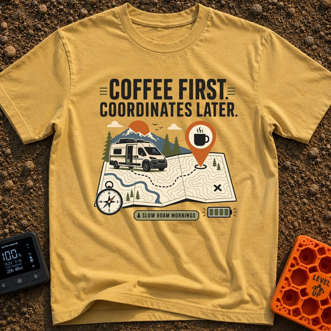 Coffee Then Coordinates - T-Shirt in Mustard - An illustration of a white camper van situated on a large topographical...
