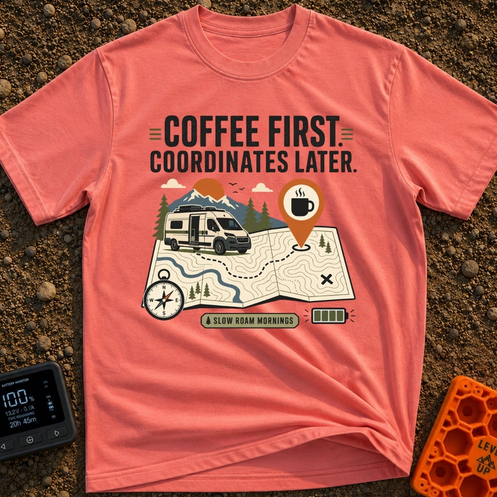 Coffee Then Coordinates - T-Shirt in Watermelon - An illustration of a white camper van situated on a large topographical...