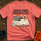 Coffee Then Coordinates - T-Shirt in Watermelon - An illustration of a white camper van situated on a large topographical...