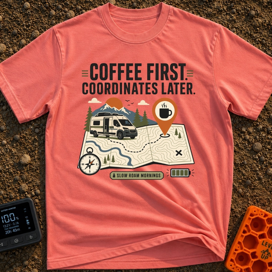 Coffee Then Coordinates - T-Shirt in Watermelon - An illustration of a white camper van situated on a large topographical...