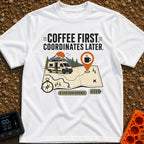 Coffee Then Coordinates - T-Shirt in White - An illustration of a white camper van situated on a large topographical map...