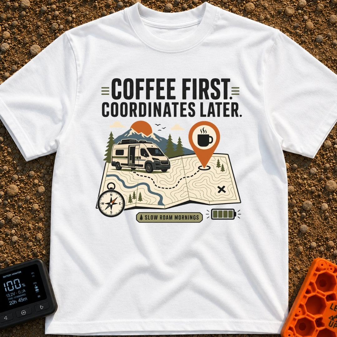 Coffee Then Coordinates - T-Shirt in White - An illustration of a white camper van situated on a large topographical map...