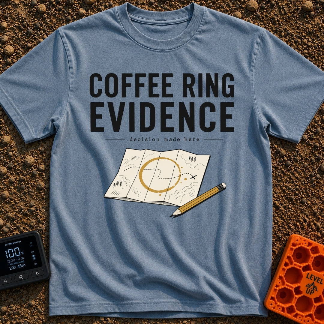Brewed Trail Mystery - T-Shirt in Blue Jean - The artwork shows the text "COFFEE RING EVIDENCE" and "decision made here"...