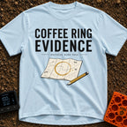 Brewed Trail Mystery - T-Shirt in Chambray - The artwork shows the text "COFFEE RING EVIDENCE" and "decision made here"...