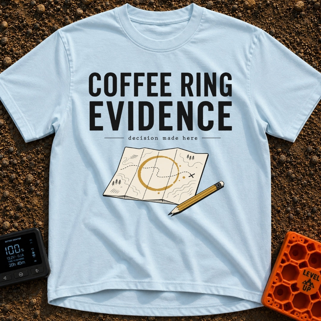 Brewed Trail Mystery - T-Shirt in Chambray - The artwork shows the text "COFFEE RING EVIDENCE" and "decision made here"...