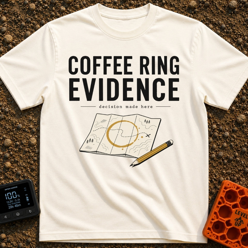 Brewed Trail Mystery - T-Shirt in Ivory - The artwork shows the text "COFFEE RING EVIDENCE" and "decision made here"...