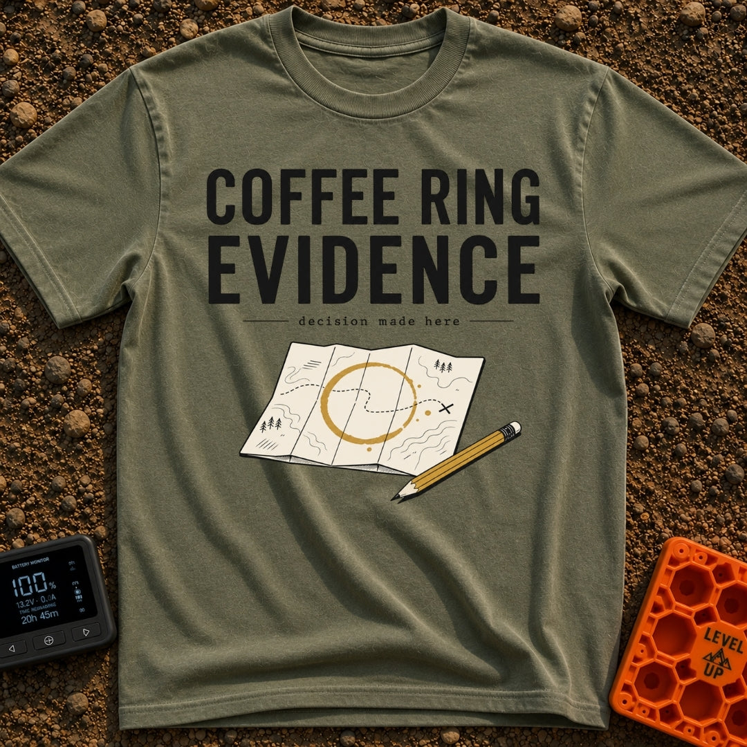 Brewed Trail Mystery - T-Shirt in Moss - The artwork shows the text "COFFEE RING EVIDENCE" and "decision made here" above...