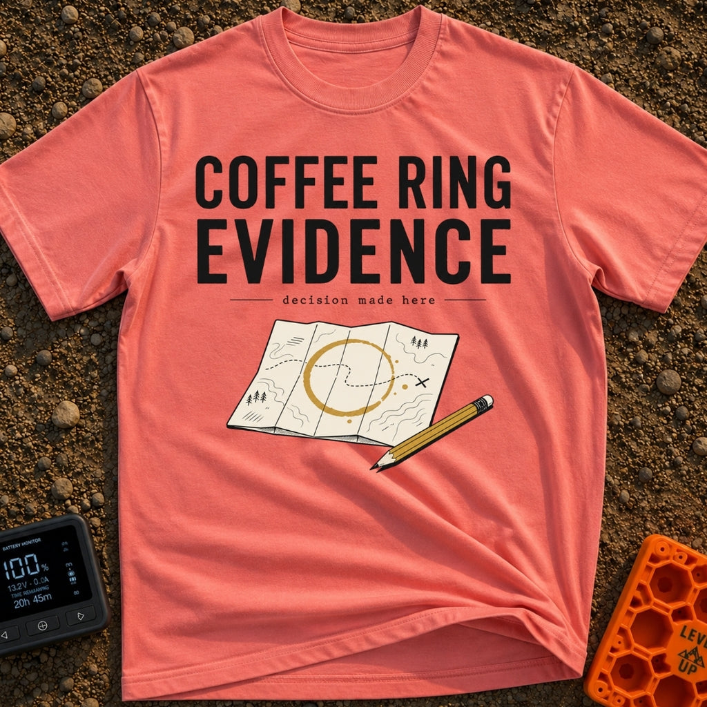 Brewed Trail Mystery - T-Shirt in Watermelon - The artwork shows the text "COFFEE RING EVIDENCE" and "decision made here"...