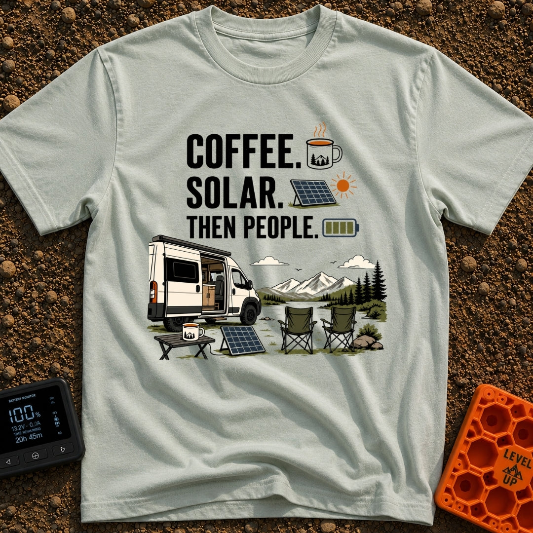 First Power Then People - T-Shirt in Bay - The image features bold text reading "COFFEE. SOLAR. THEN PEOPLE." alongside...