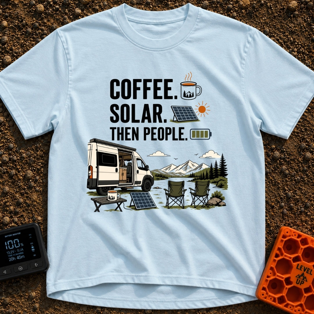 First Power Then People - T-Shirt in Chambray - The image features bold text reading "COFFEE. SOLAR. THEN PEOPLE."...