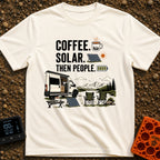 First Power Then People - T-Shirt in Ivory - The image features bold text reading "COFFEE. SOLAR. THEN PEOPLE." alongside...