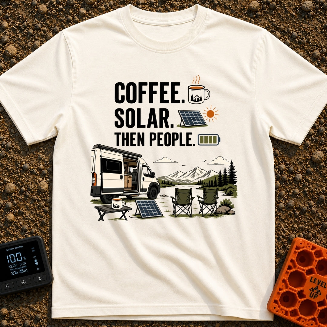 First Power Then People - T-Shirt in Ivory - The image features bold text reading "COFFEE. SOLAR. THEN PEOPLE." alongside...