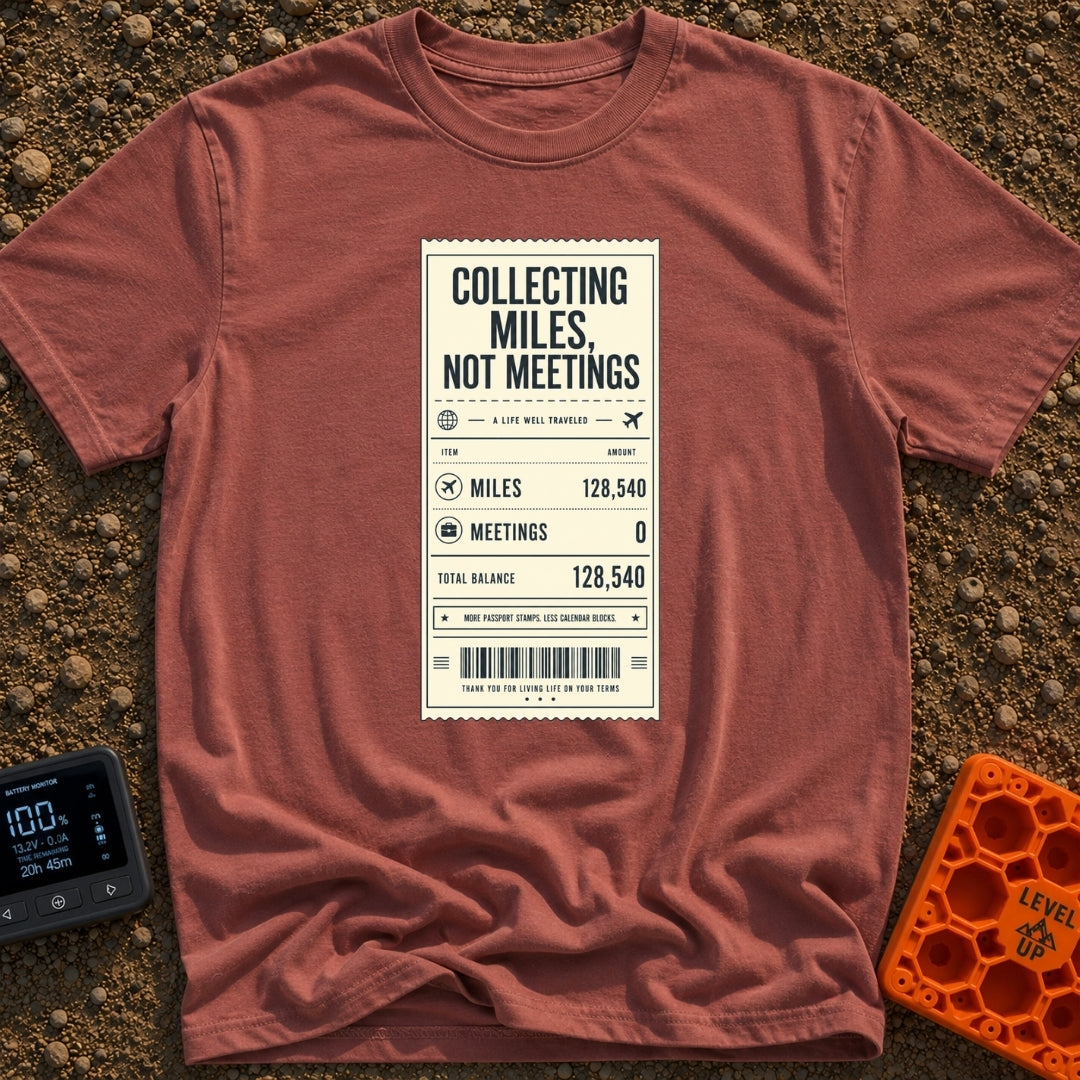 Miles Not Meetings - T-Shirt in Brick - A graphic designed to look like a printed store receipt featuring the text...