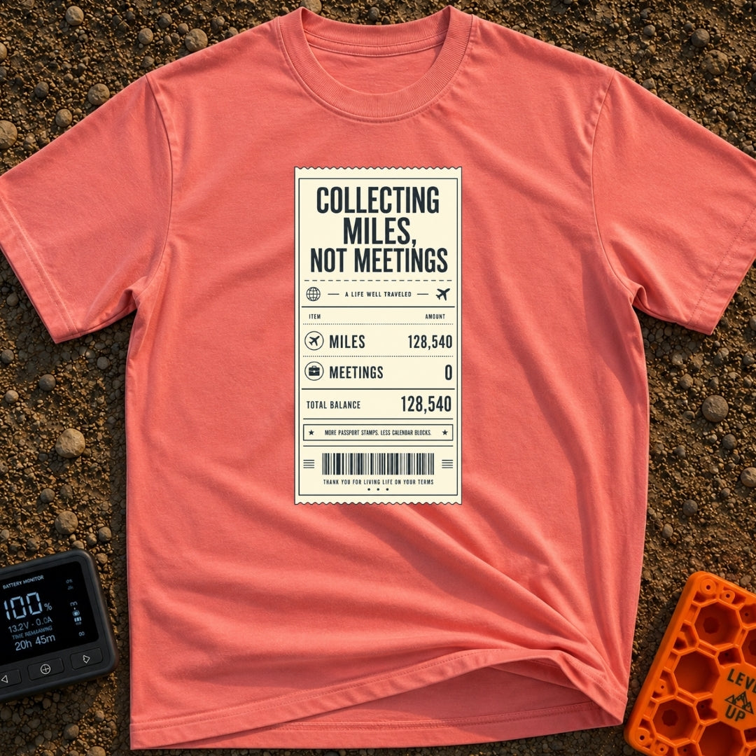 Miles Not Meetings - T-Shirt in Watermelon - A graphic designed to look like a printed store receipt featuring the text...
