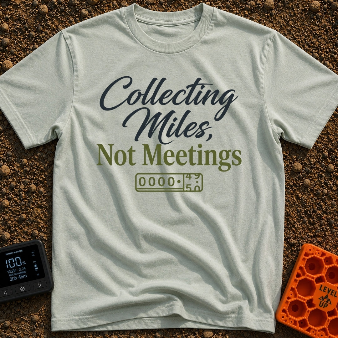 Miles Over Meetings - T-Shirt in Bay - Text reading "Collecting Miles, Not Meetings" displayed above a simple line...