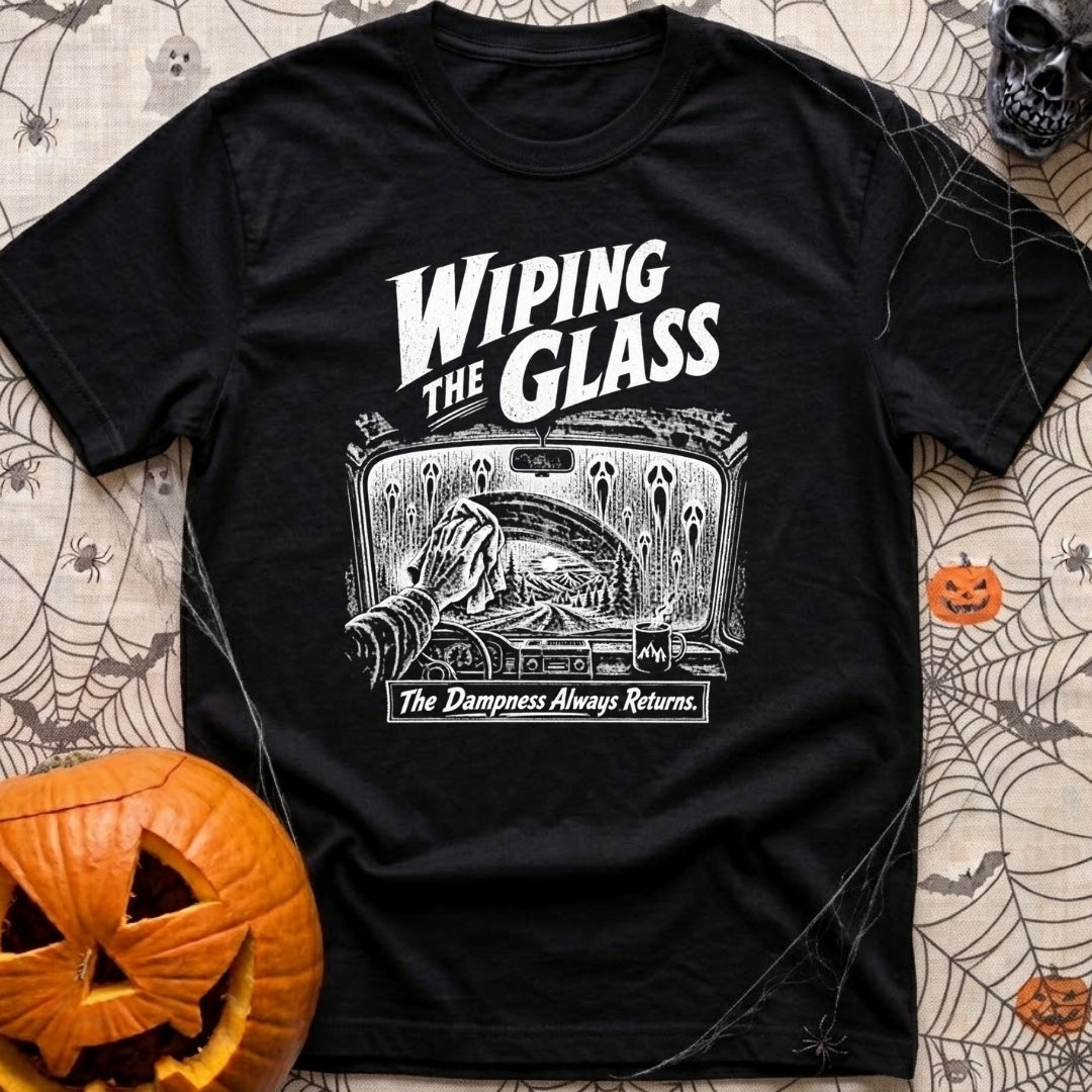Dew Or Die - T-Shirt in Black - A white line drawing from the perspective of a vehicle's front seat, showing a hand...