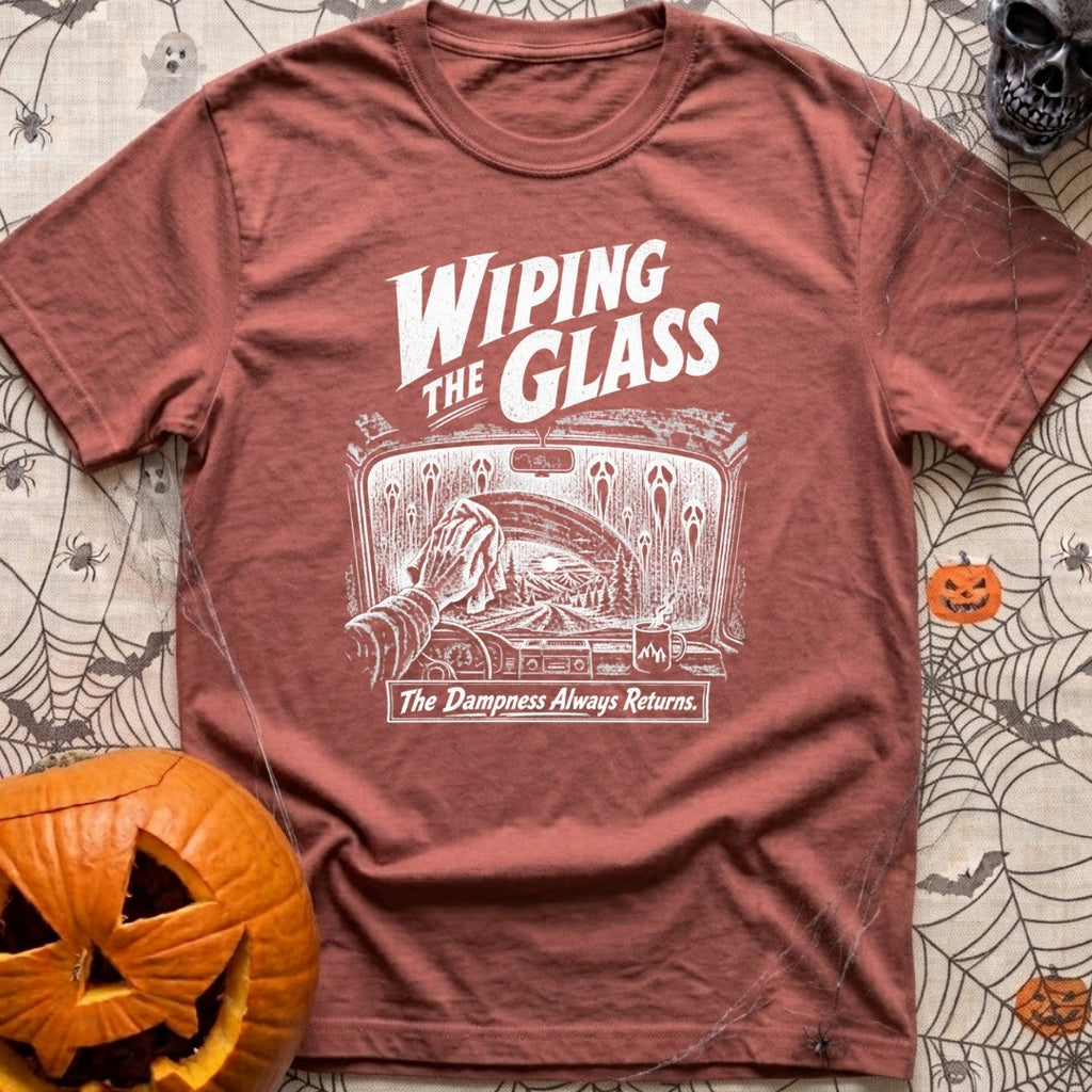 Dew Or Die - T-Shirt in Brick - A white line drawing from the perspective of a vehicle's front seat, showing a hand...
