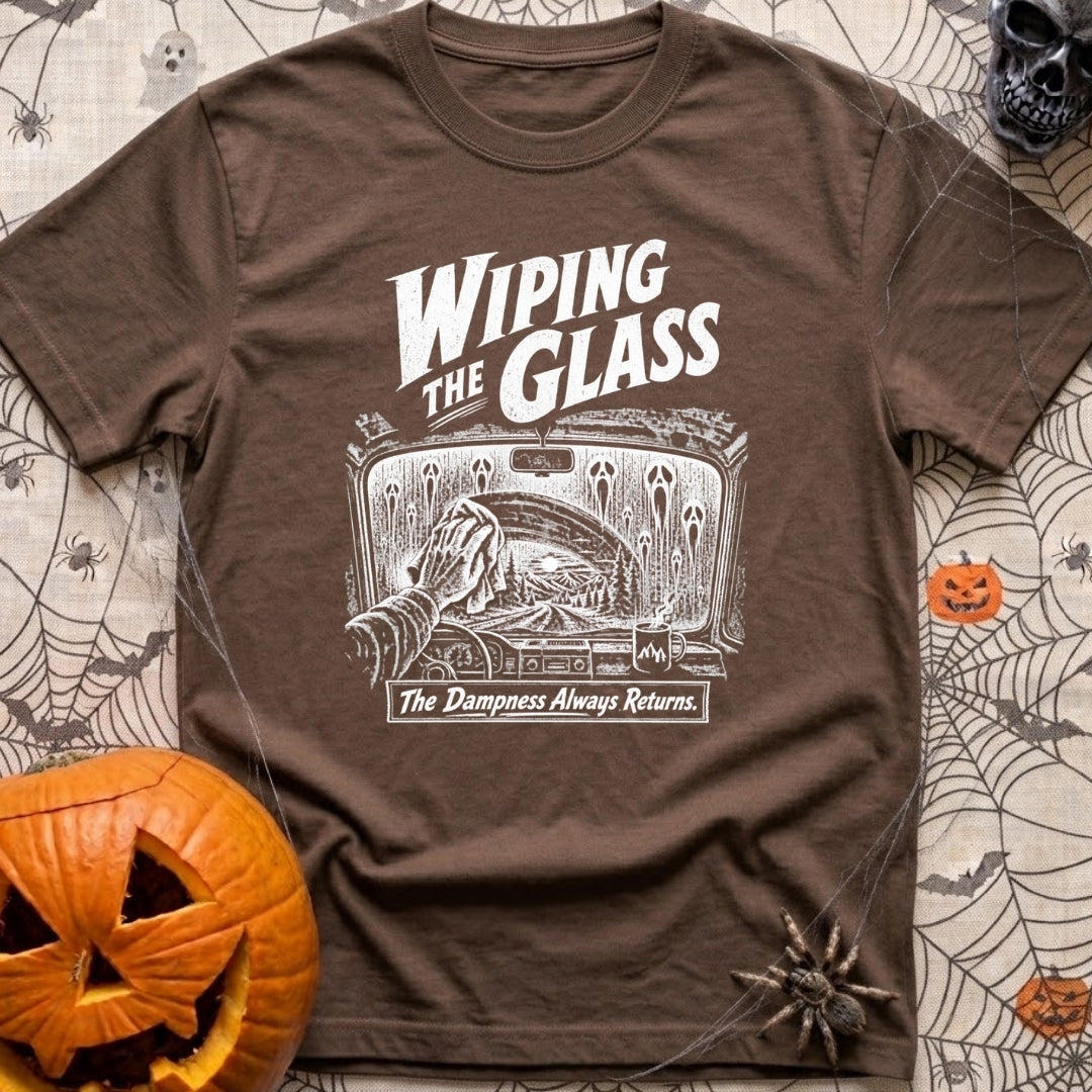 Dew Or Die - T-Shirt in Espresso - A white line drawing from the perspective of a vehicle's front seat, showing a hand...